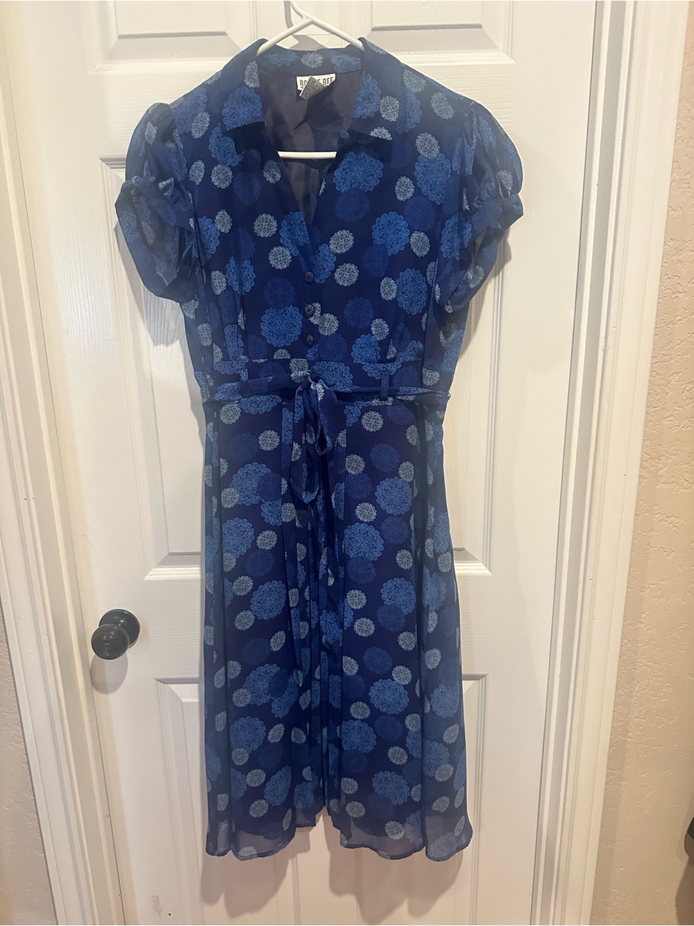 Robbie Bee Navy Blue Floral Midi Dress with Tie Waist